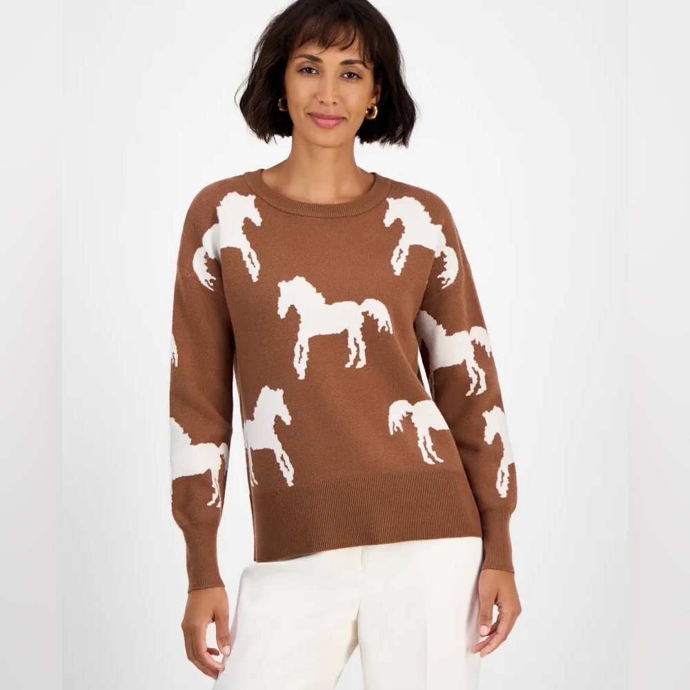 T Tahari Brown and White Horse Sweater